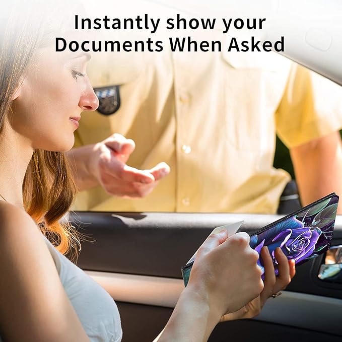 Car Registration and Insurance Holder, Leather Car Glove Box Organizer, Cool Car Accessories for ID, Driver's License Cards & Essential Document,Business Cards,Men&Women,Purple Rose Flower