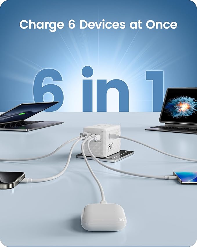 LENCENT 65W International Travel Adapter, Universal Travel Adapter with 2 QC USB-A & 3 PD3.0 Type C Power Outlet, Fast Charging for Phone,Laptops, All-in-One Outlet Converter for USA/UK/EU/AUS, White