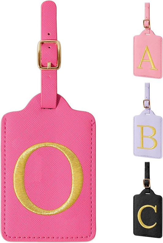 Personalized Initial Rose Red Leather Cute Luggage Tags with Privacy Cover Name Card, Embroidered Custom Monogram Travel Backpack Tag Gifts for Women Kids