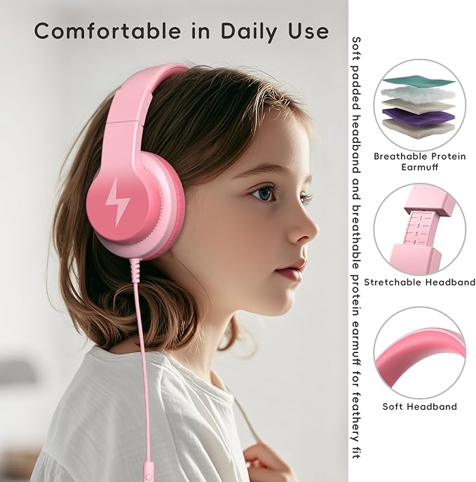Kids Wired Headphones for Kids with Microphone, 85/94dB Volume Limiter Headphones for Girls Boys, Light Pink