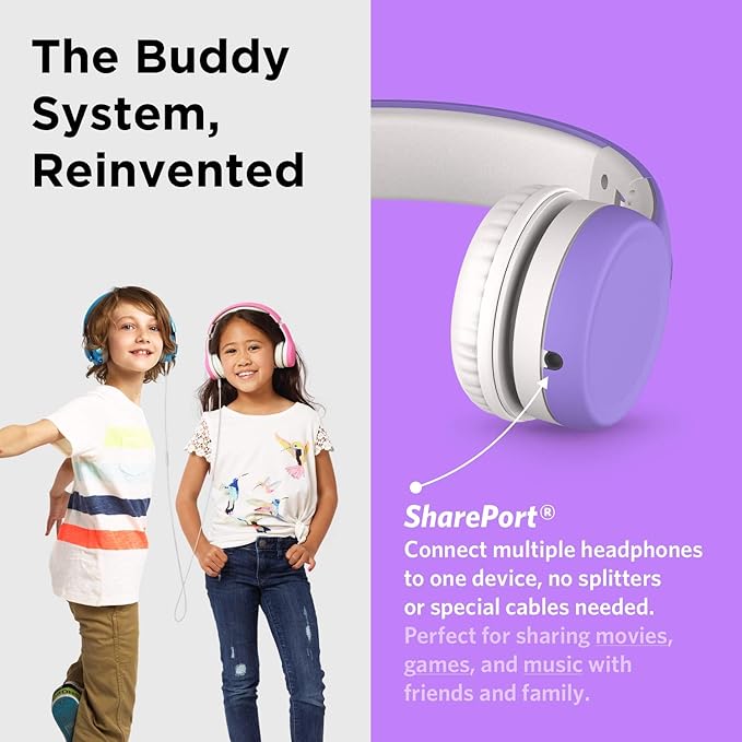 LilGadgets Connect+ Foldable Headphones, Adjustable Fit Soft Touch Padding for Kids with Mic, Volume-Limited & Noise Reduction On-Ear Wired Headset for School with SharePort - Purple, Ages 3-14