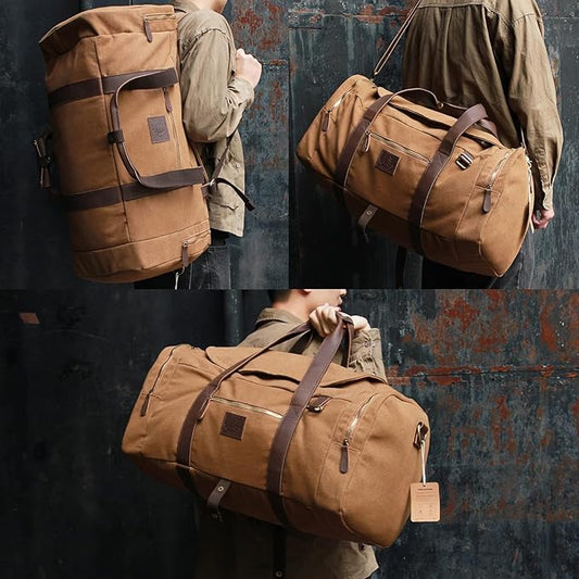 60L Travel Bags for Men, Nomad Canvas Duffle Bag Vintage Genuine Leather Travel Duffel Bag Multifunctional Weekender Overnight Backpack with Shoes Compartment (Coffee, X Large-60L)