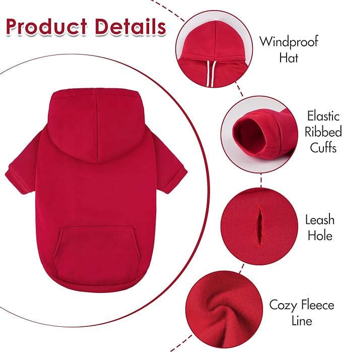 BAOBICUTE Dog Basic Hoodie Soft Dog Clothes Cold Weather Sweaters for Medium Large Dogs Cozy Fabric Warm Sweatshirt with Leash Hole (Red, L (Back: 20.47",Chest: 28.35", Neck: 21.26"))