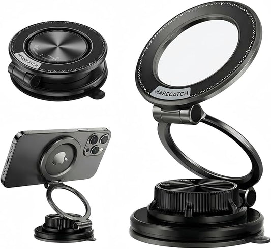 Vacuum Magnetic Car Phone Mount, 120+LB N55 Magnet (3000gf) Dashboard & Windshield Holder with Ultra-Stable Suction Cup, Foldable 0.83in Compact Car Mount for iPhone Samsung –Black