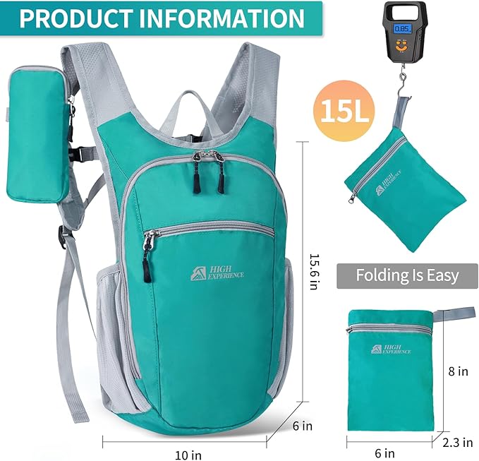 HIGH EXPERIENCE Hiking Backpack 10L/15L Small Daypack Lightweight Packable Travel Foldable Water Resistan for Women Men (Lake Green, 15L)