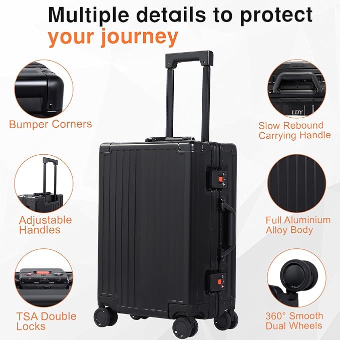 All Aluminum 24 Inch Check In Luggage Hard Shell Suitcases with Spinner Wheels and TSA Lock, Checked Medium Suitcase (Black)