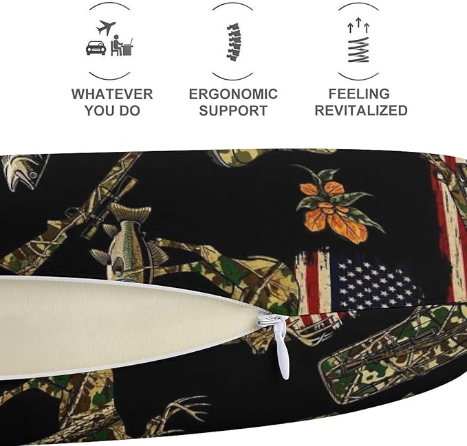 Memory Foam Travel Pillow Fall Hunting Deer Bass Fishing Lure Camo Camouflage American Flag Black, Breathable Chin Head Support, Washable Zip Cover for Airplane Car Office Pain Relief