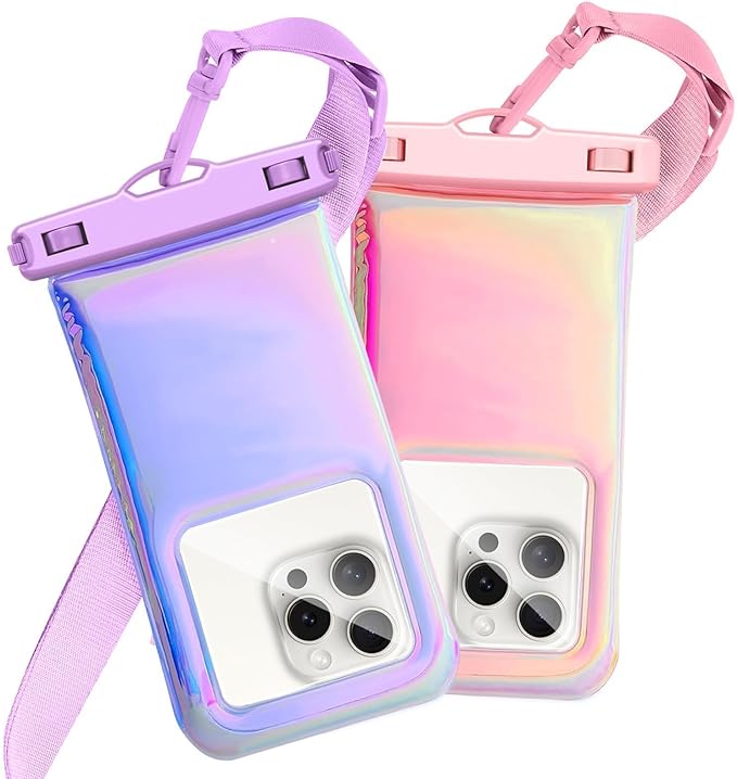 Floatable Waterproof Phone Pouch for iPhone 17 16 Pro Max/15/14/13, IP68 Travel Cellphone Dry Bag Beach Cruise Ship Essentials Bags with Crossbody Lanyard, Iridescent Purple and Pink-7″2 Pax