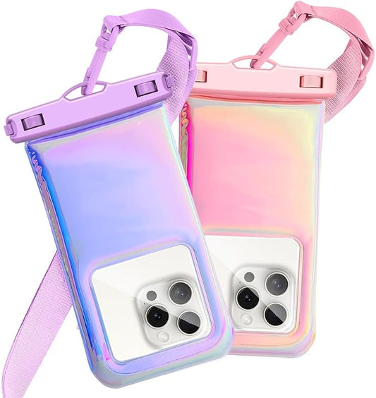 Floatable Waterproof Phone Pouch for iPhone 17 16 Pro Max/15/14/13, IP68 Travel Cellphone Dry Bag Beach Cruise Ship Essentials Bags with Crossbody Lanyard, Iridescent Purple and Pink-7″2 Pax
