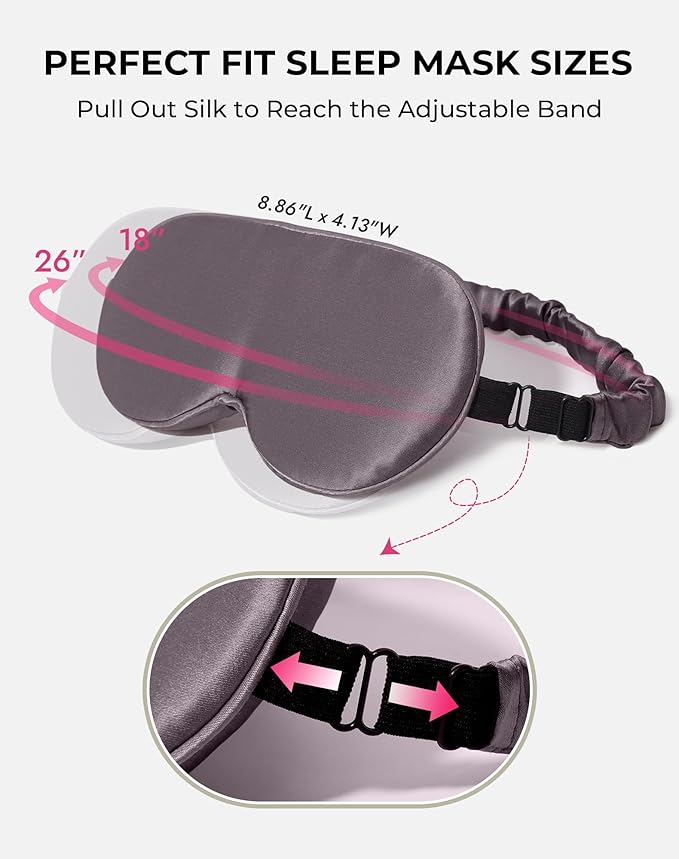 SilkSilky 100% 22 Momme Mulberry Silk Sleep Mask – Upgraded 3D Contoured Eye Mask with Nose Wing Pads & Adjustable Strap, Luxury Blackout Eye Cover for Women & Men (Dark Gray)