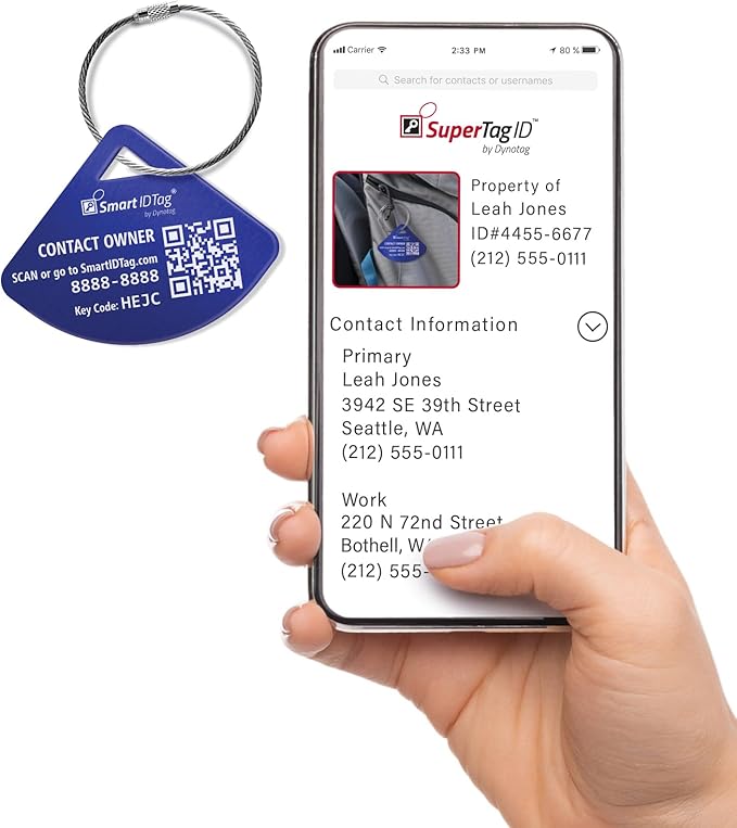 Dynotag® Express Series Solid Metal Web Enabled Smart Bag Tag ID + Steel Loop, Anodized Aluminum with DynoIQ™ & Lifetime Recovery Service (Sapphire Blue)