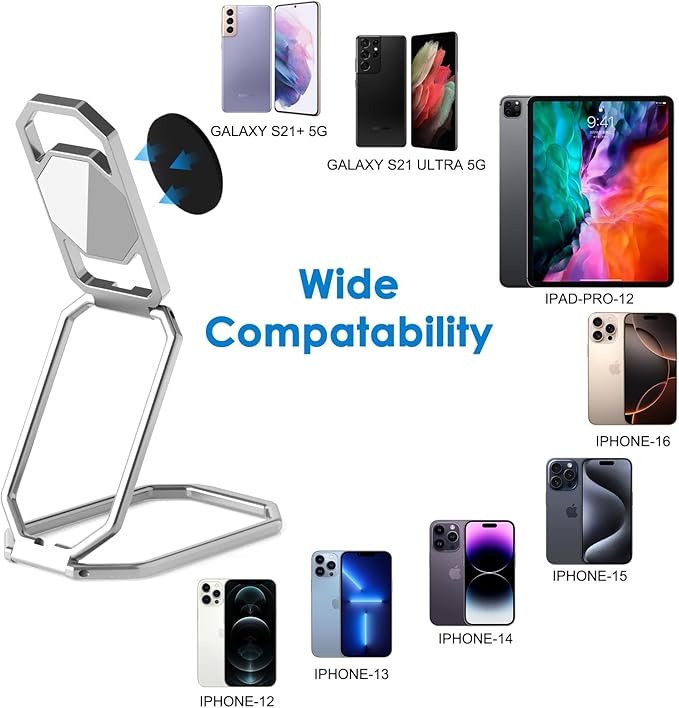 Phone Ring Holder Finger Kickstand, Upgraded 360° Rotation Metal Phone Grip for Magnetic Car Mount Foldable Cell Phone Stand Compatible with Most Smartphones