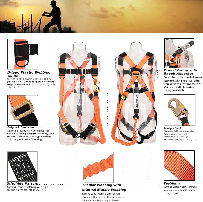 WELKFORDER 1D-Ring Industrial Fall Protection Safety Harness with 6-Foot Shock Absorber Stretchable Lanyard | Permanent attached Kit | ANSI Compliant Personal Fall Arrest System(PFAS)