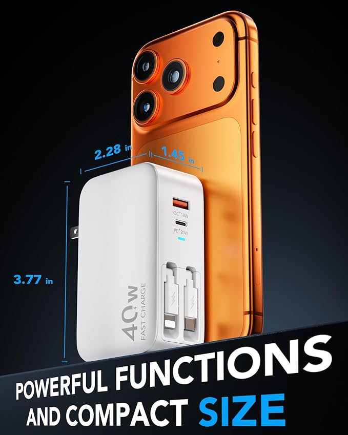 4-in-1 Retractable Gan Wall Charger Plug for iPhone 17 USB C,Travel Essentials Brick Multiport,3ft Lightening+ Type C Cables,40W Fast Charging Foldable Block for iPhone 17 Pro/16/15/14/13,iPad,Galaxy