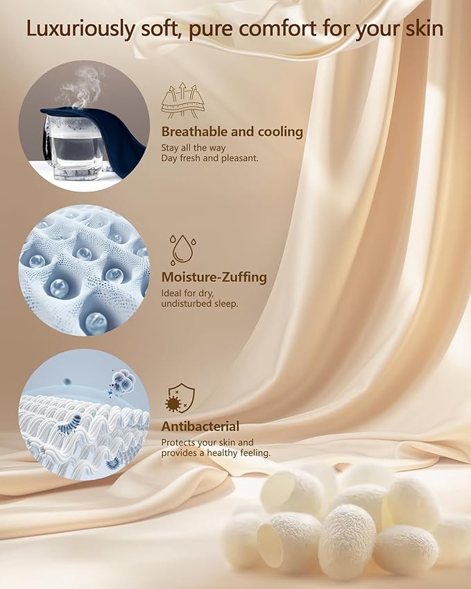 Silk Eye Mask for Sleeping - Soft Breathable Organic Natural Mulberry Silk Fabric Blackout Sleep Mask with Adjustable Straps No Pressure Eye Mask for Travel Essentials Gifts (Navy Blue)