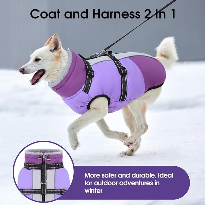SUNFURA Large Dog Coat with Harness Built in, Warm Dog Jacket Waterproof Pet Winter Coat Snowsuit for Cold Weather, Reflective Fleece Jacket for Large Dogs, Border Collie, Purple XL