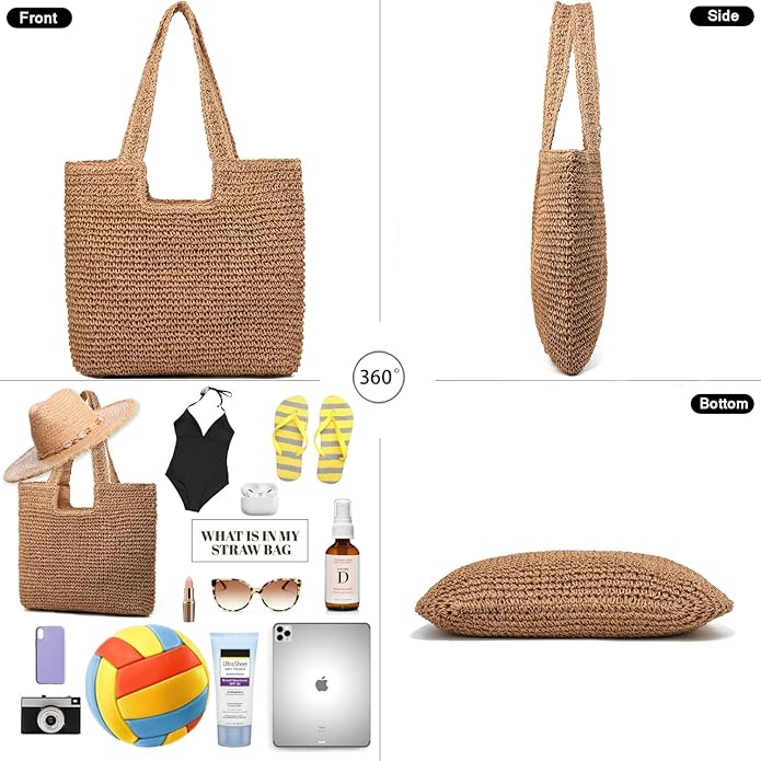 Straw Beach Bags for Women Woven Beach Tote Bag Casual Boho Large Shoulder Handbags Purse for Vacation Holiday