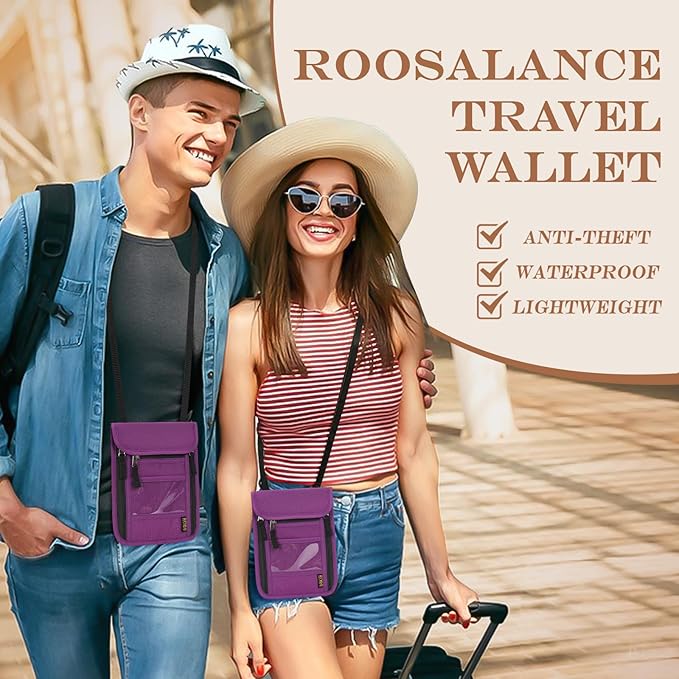 Passport Holder for Travel, Neck Pouch Travel Wallet With RFID Blocking, Waterproof Lightweight Passport Wallet for Women and Men (Purple)