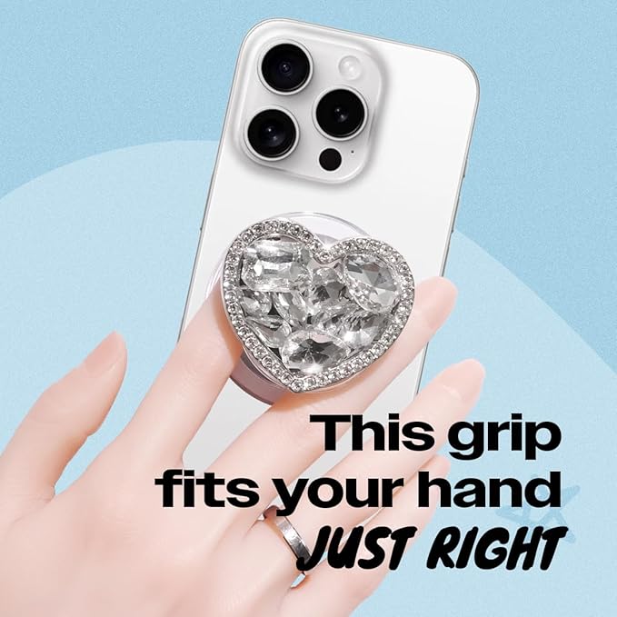 OnTheGrip Compatible with Magsafe Cute Cubic Diamond Heart Shape Design Collapsible Mobile Phone Grip Stand Holder for Smartphone Tablet Cell Phone Accessory (Silver Small)