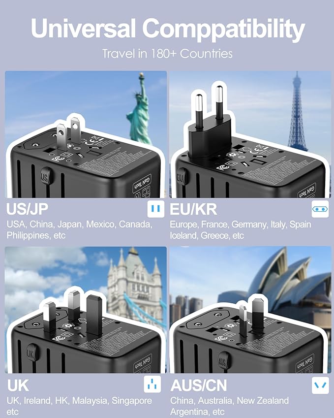 Universal Travel Adapter GaN 65W Fast Charger, 3 USB C(Each/GaN 65W) & 1 USB A(PD 45W) Ports & 2500W AC Outlet, International Power Adapter High Power Travel Plug Adapter for Europe UK US AUS