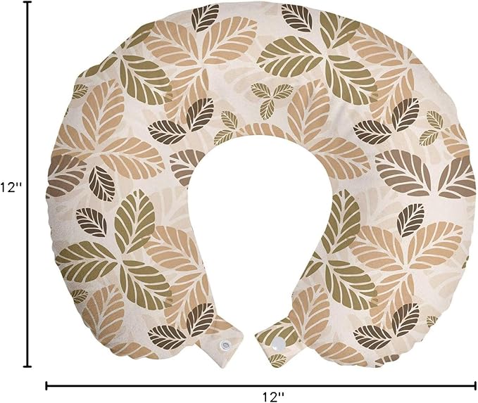 Ambesonne Leaf Travel Pillow Neck Rest, Floral Abstract Pattern Leaf Silhouettes in Retro Colors Gardening Plants, Memory Foam Traveling Accessory for Airplane and Car, 12", Army Green Tan Brown
