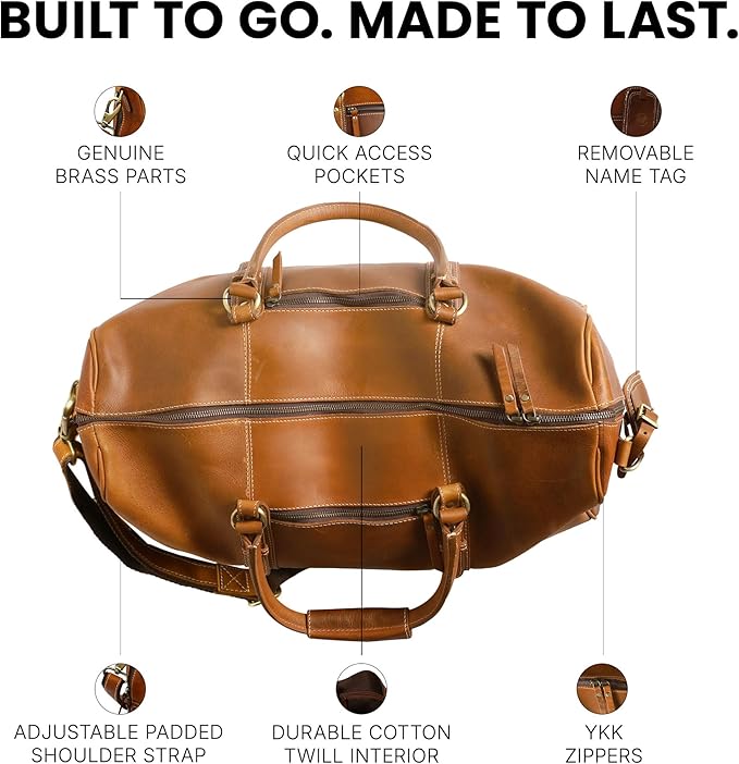 Premium Full-Grain Leather Duffle Bag for Men & Women | 24-Inch Handcrafted Weekender Travel Bag with Multiple Pockets & Compartments by Northridge Leather (Tan)