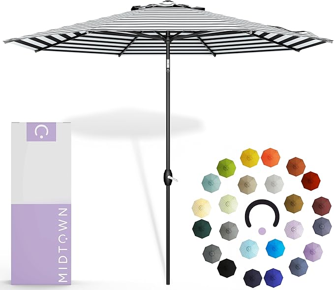 Midtown Umbrellas 10-Year-No-Fade - 6 Ft - UV Proof Black/White Stripes Fabric - Umbrella Outdoor Patio, Aluminum Frame Large Patio Umbrella for Garden, Pool & Deck - Black Pole