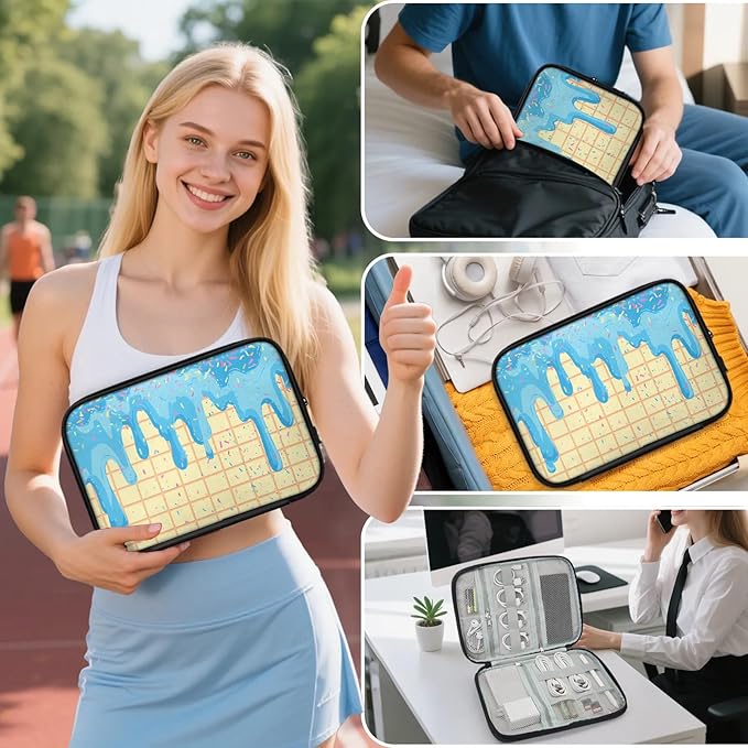 Blue Ice Cream Travel Cable Organizer Pouch Waffles Biscuit Electronics Accessories Carry Case Portable Water Resistant Storage Bag for Cord Charger Phone Earphone SD Card