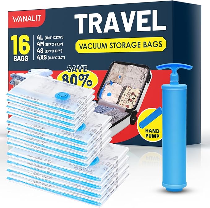 Travel Vacuum Storage Bags with Hand Pump, 16 Pack (4L+4M+4S+4XS) Vacuum Seal Bag Travel Essentials Space Saving Bags for Clothes, Luggage, Carry-on Suitcase, Backpack, Holiday Business Trip