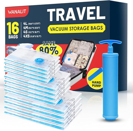 Travel Vacuum Storage Bags with Hand Pump, 16 Pack (4L+4M+4S+4XS) Vacuum Seal Bag Travel Essentials Space Saving Bags for Clothes, Luggage, Carry-on Suitcase, Backpack, Holiday Business Trip