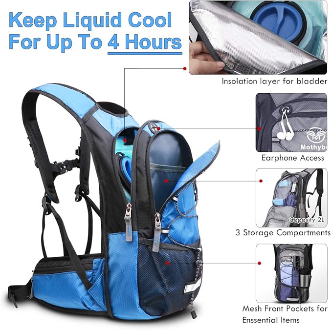 Hydration Pack, Insulated Hydration Backpack with 2L BPA Free Water Bladder and Storage, Hiking Backpack for Men, Women, Kids for Running, Cycling, Camping - Keep Liquid Cool up to 5 Hours