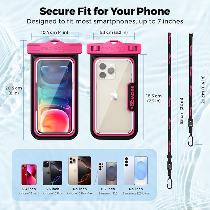 SEAWAG Next Waterproof Phone Case with Lanyard, Floating IPX8 Pouch for iPhone 17 16 Pro Max 15 14 13 12 11 and Samsung Galaxy S25 S24, Beach Cruise Travel Essentials, 1 Pack Pink