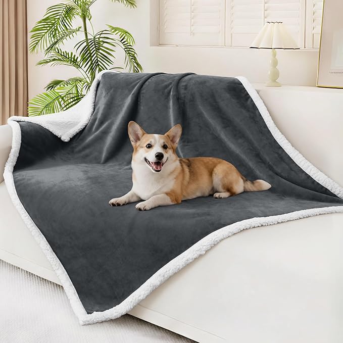Smiry Waterproof Blanket Throw for Large Dogs, Soft Reversible Dog Blanket for Sofa Couch Bed, Washable Leakproof Sherpa Fleece Furniture Couch Protector(50"x60", Dark Grey/White)