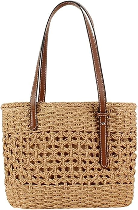 Womens Straw Tote Handbag - Summer Beach Bag with Top Handle - Handwoven Shoulder Bag - 2024