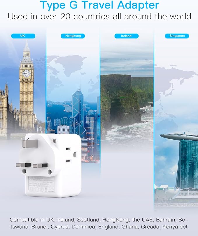 US to UK Ireland Travel Plug Adapter, Type G Power Plug Adapter with 3 Outlets 3 USB Ports(2 USB C), European Travel Plug Adapter for USA to England London Scotland British Qatar Irish Hongkong