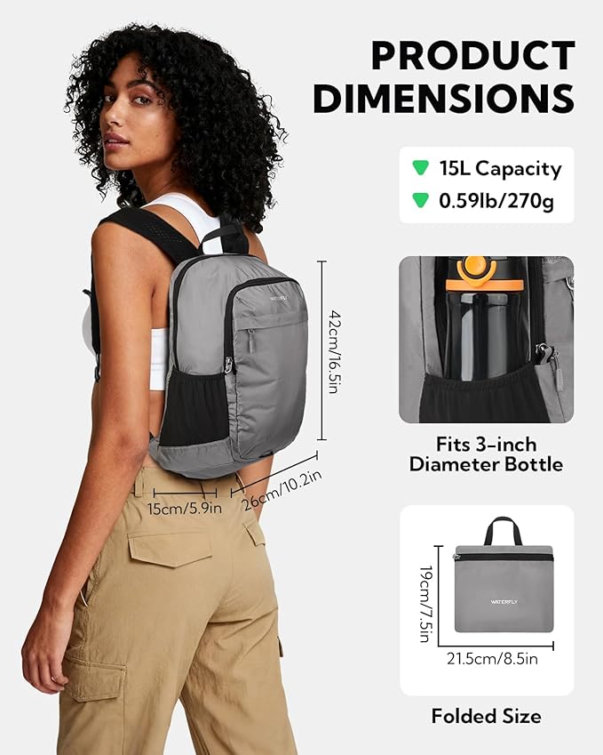 WATERFLY Packable Lightweight Small Backpack: 15L Foldable Mini Hiking Daypack - Ultralight Compact Day Pack for Women Men Outdoor Travel Camping Walking - Gray