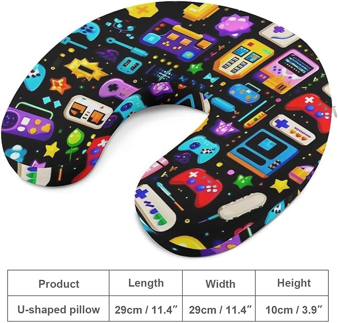 Memory Foam U-Shaped Travel Pillow Neck Pain Relief, Game Video Gaming Pattern White U-Shape, Removable Cover Airplane Car Office