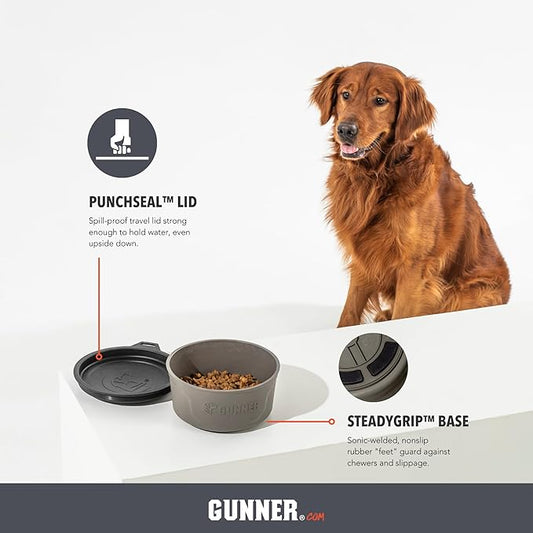 GUNNER Dog Bowl with Spill-Proof Travel Lid – 7.5" x 3.75", 1.3 lb, 7-Cup Capacity, BPA-Free, Rust-Proof, Shock-Resistant, Stackable, Dishwasher Safe, Leak-Resistant Nesting Lid – Gunmetal