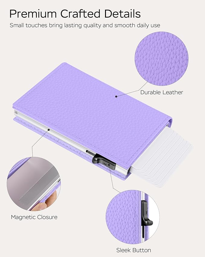 Vast Scenery Women's Small Wallet - 2026 Trendy Lavender Purple, RFID Blocking Smart Metal Pop Up Card Holder, Ultra Slim Fits Most Bags & Pockets, Holds 11+ Cards 10+ Bills, Gift for Her