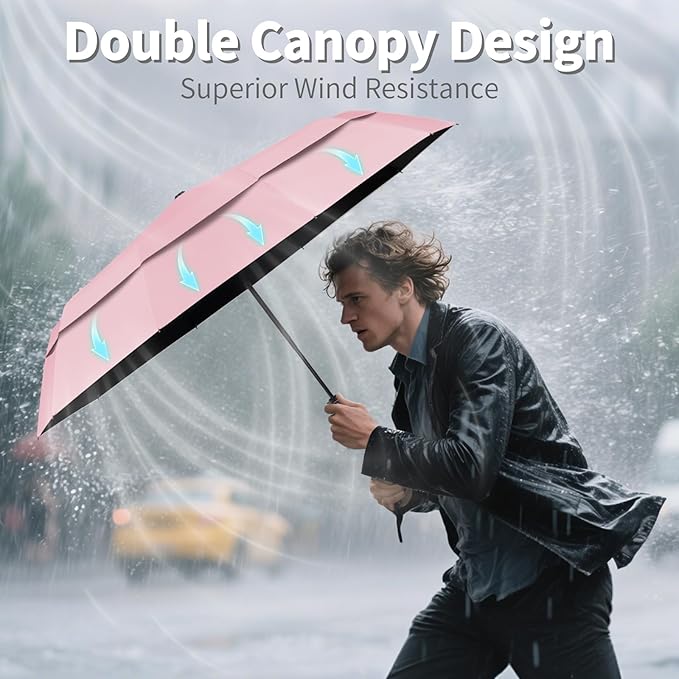 Seniny Travel Umbrella with Carabiner Handle, Windproof Large Umbrellas for Rain with Dual-Rib Structure, Portable Compact Umbrella with Reflective Strip, Car Backpack UV Umbrellas for Sun Protection