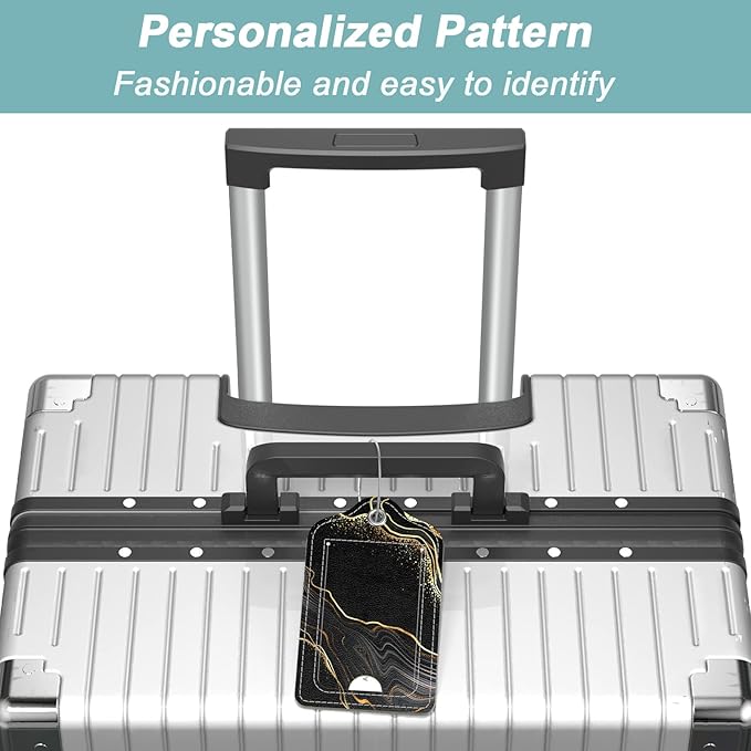 Rimilak 3 Pcs PU Leather Luggage Tags for Suitcase, Travel Cruise Luggage Tag with Privacy Flap, Name ID Label and Metal Loop for Women Men Baggage Handbag School Bag Backpack, Gold Marble