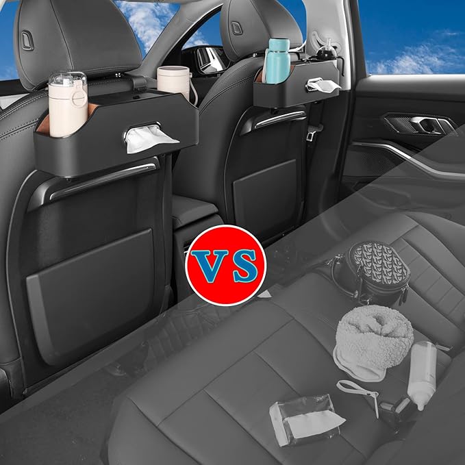 HOLDCY Car Back Seat Organizer with 2 Drink Cup Holder - Tissue Box and Storage Box Hook - Multi-functional Storage - Great for Kids and Travel (Black)
