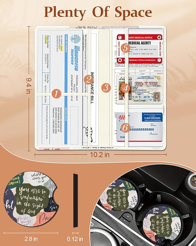 Slohif Car Registration and Insurance Card Holder with Magnetic Shut - Vehicle Glove Box Organizer Women Leather Automobile License Holders Coasters Auto Accessories Case for Document,Art