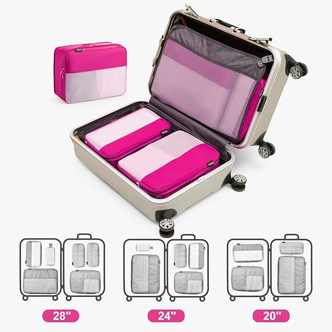 6 Set Compression Packing Cubes for Travel Essentials, Luggage Organizers for Suitcases (Rose Red)