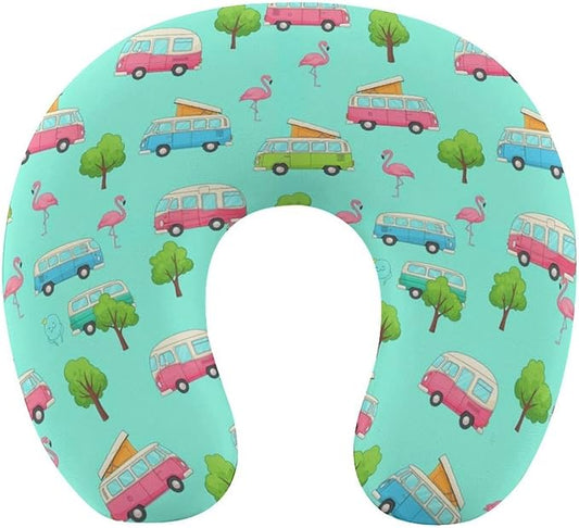 Travel Neck Pillow Memory Foam U Shaped Cushion Happy Camping Flamingo Mint Green, Washable Cover for Airplane Car Office Home Sleeping Pain Relief