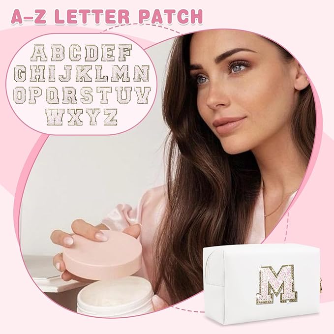 Small Initial Patch Makeup Bag Personalized Gifts Make Up Bag,White Cute PU Leather Glitter Letter Cosmetic Bag with Zipper,Trendy Portable Travel Toiletry Pouch,Preppy Stuff for Teen Girls Women M