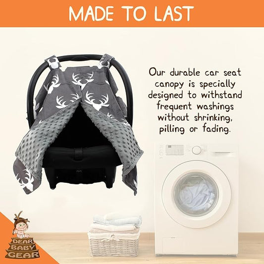 Dear Baby Gear - 40x30 Car Seat Canopy, Infant Carrier Cover for Boys & Girls, Cozy Fall, Nursing & Stroller Use, Newborn Travel Sunshade Accessory White Antlers on Gray, Gray Reverse