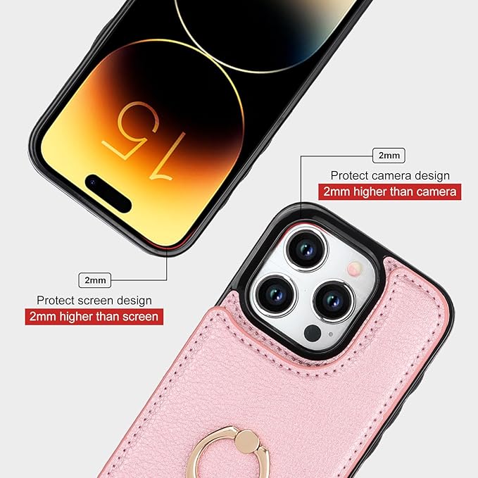 Folosu Compatible with iPhone 15 Pro Case Wallet with Card Holder, 360°Rotation Finger Ring Holder Kickstand, RFID Blocking Leather Protective Double Buttons Shockproof Cover 6.1 Inch Rose Gold