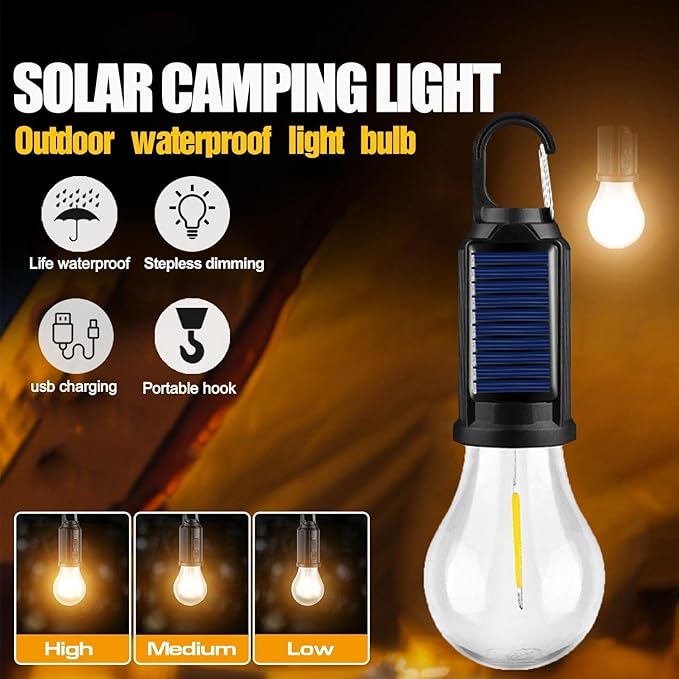 MODOAO Solar Tent Lights USB Rechargeable Led Camping Lantern ,Outdoor Hanging Light Bulbs with Clip Hook for Camping, Christmas, Decorations, Emergency,Flashlight (1pcs) (1)