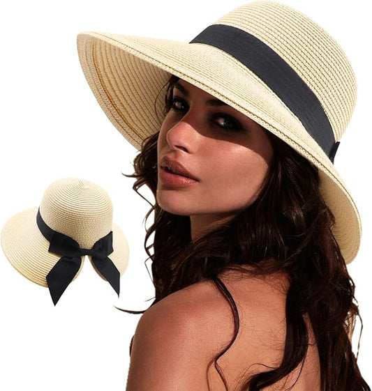 DRESHOW Sun Hats for Women Travel Fedora Foldable Beach Sun Hat Summer Wide Brim Straw Bucket Hat with Bowknot UPF 50+